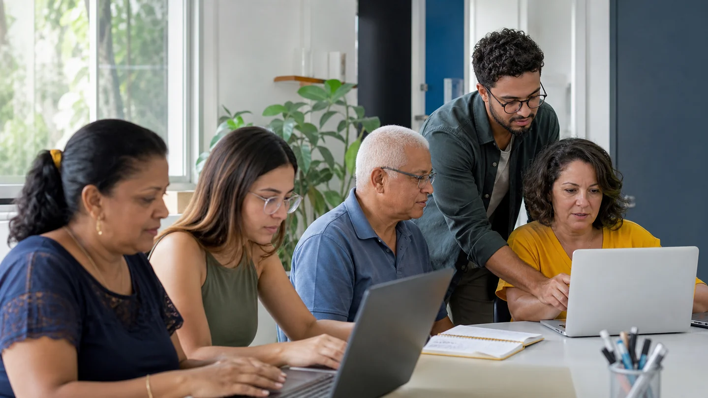 Adultos aprendendo habilidades digitais em uma turma colaborativa